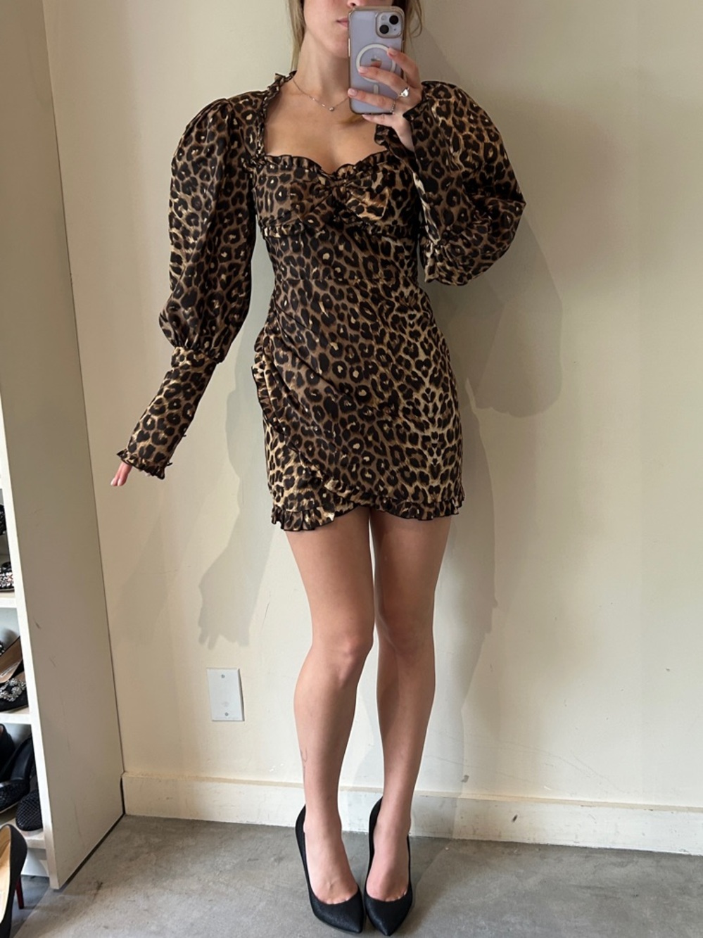Alessandra Rich size 38 Leopard Print Puff-Sleeve Mini Dress - Brown